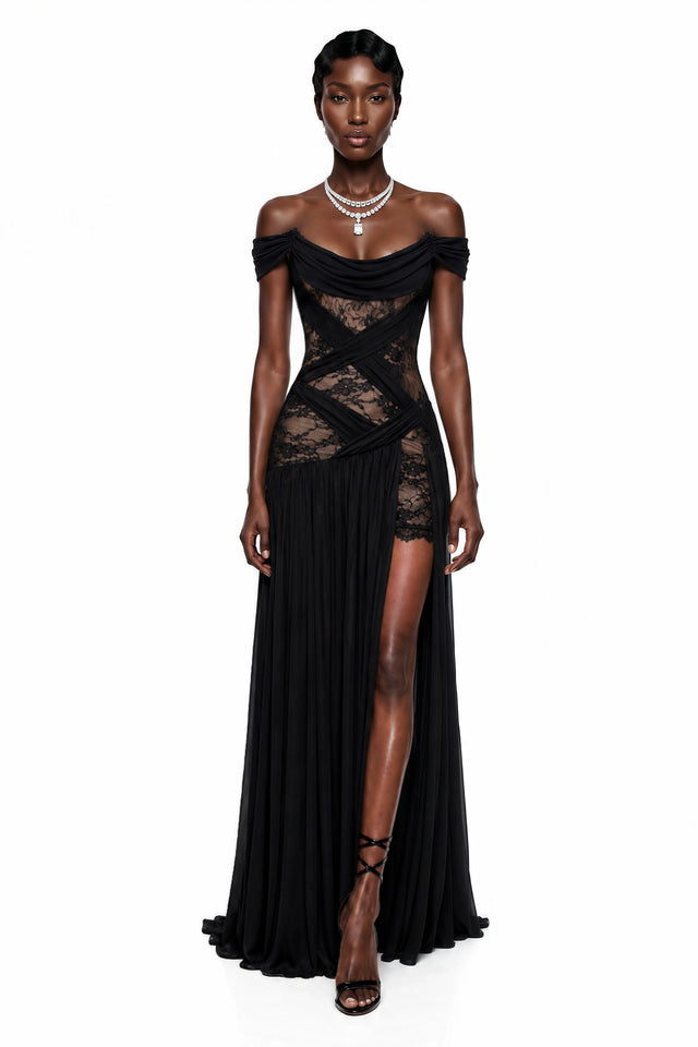 Dildar Black Cross Front Maxi Dress with Lace Panels