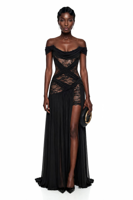 Dylan Maxi Dress Black Cross Front with Lace Panels