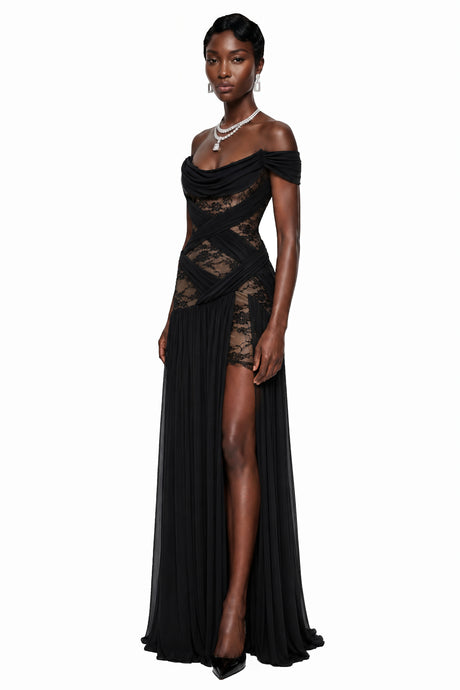 Dylan Maxi Dress Black Cross Front with Lace Panels