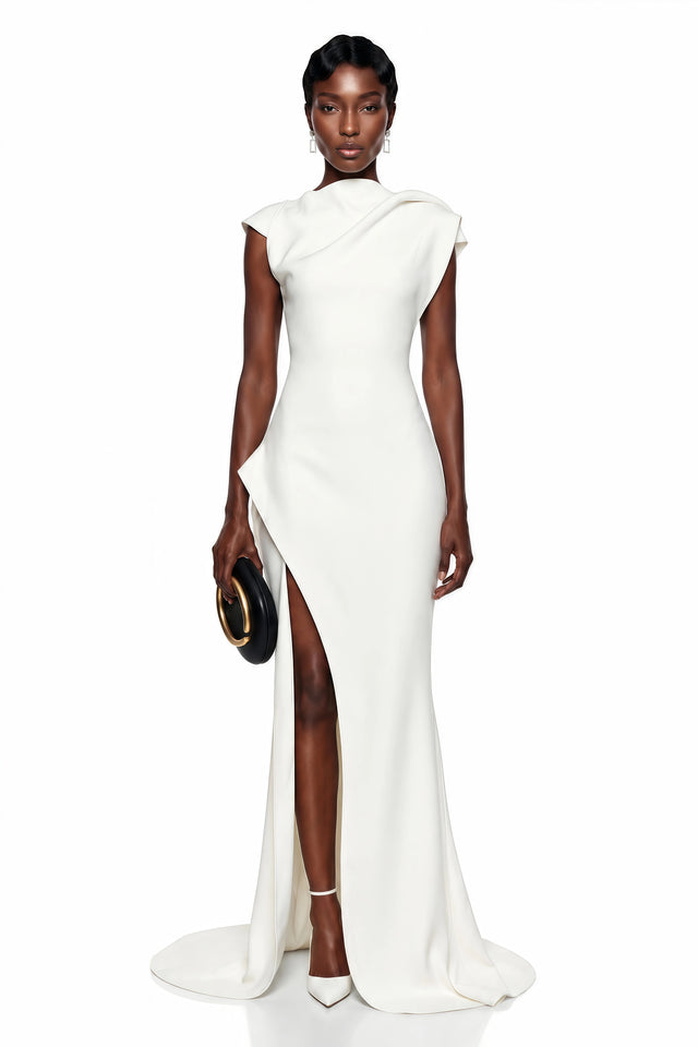 Dilek White Mock Neck Maxi Dress with High Slit