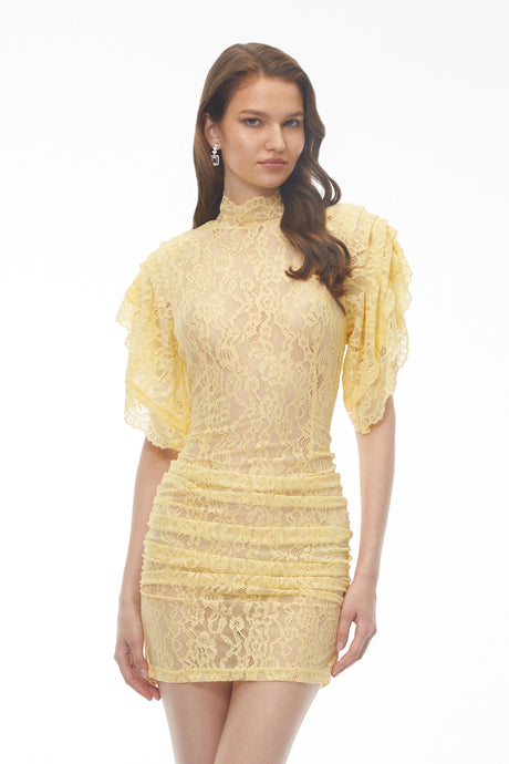 Tiziana Mini Dress Yellow Mock Neck Lace