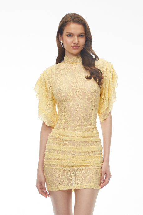 Tiziana Mini Dress Yellow Mock Neck Lace