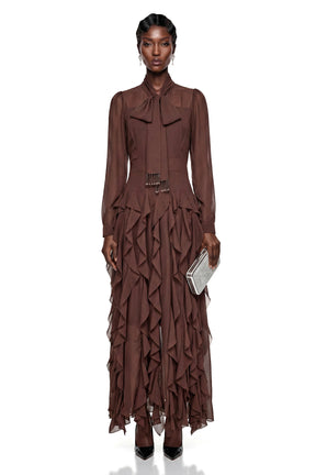 Dirce Chocolate Brown Chiffon Ruffled Maxi Dress