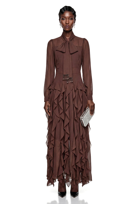 Erika Maxi Dress Chocolate Brown Chiffon Ruffled