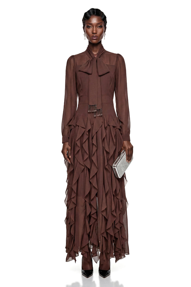 Dirce Chocolate Brown Chiffon Ruffled Maxi Dress
