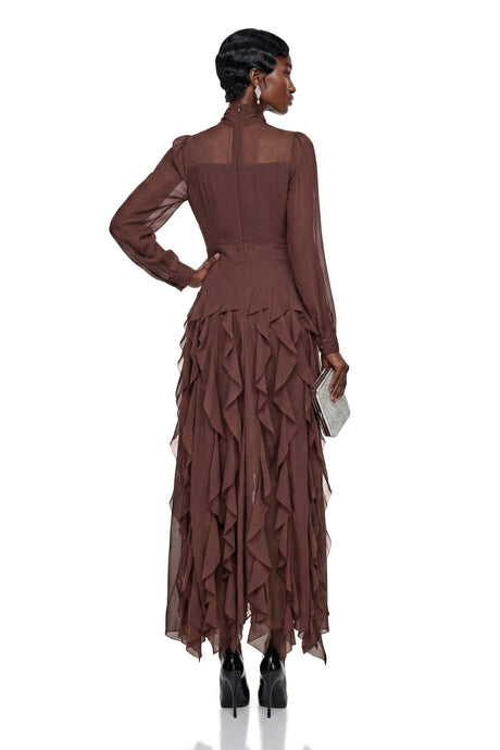 Erika Maxi Dress Chocolate Brown Chiffon Ruffled