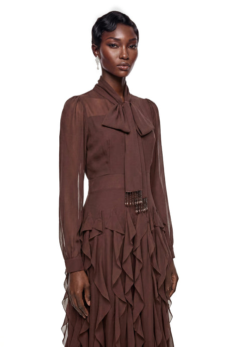 Erika Maxi Dress Chocolate Brown Chiffon Ruffled