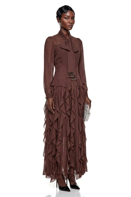 Erika Maxi Dress Chocolate Brown Chiffon Ruffled