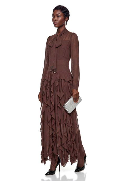 Erika Maxi Dress Chocolate Brown Chiffon Ruffled