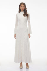 Ditheto White Mock Neck Floral Lace Maxi Dress