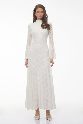 Ditheto White Mock Neck Floral Lace Maxi Dress