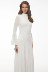 Ditheto White Mock Neck Floral Lace Maxi Dress
