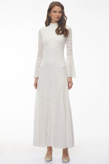 Artemide Maxi Dress White Mock Neck Floral Lace