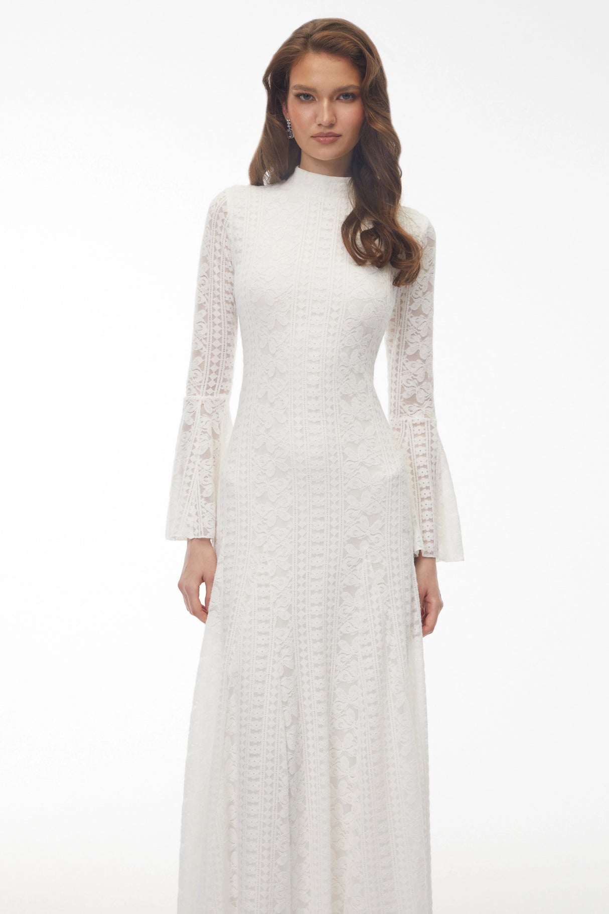Ditheto White Mock Neck Floral Lace Maxi Dress