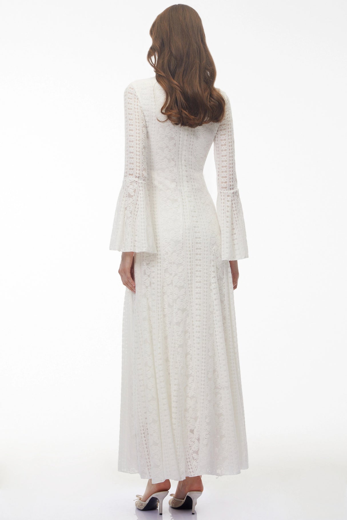 Ditheto White Mock Neck Floral Lace Maxi Dress