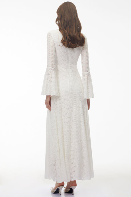 Artemide Maxi Dress White Mock Neck Floral Lace