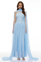 Dobromila Blue Floral Embroidered Pleated Maxi Dress