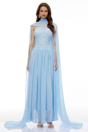 Dobromila Blue Floral Embroidered Pleated Maxi Dress