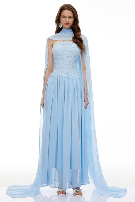 Adelaide Maxi Dress Blue Floral Embroidered Pleated