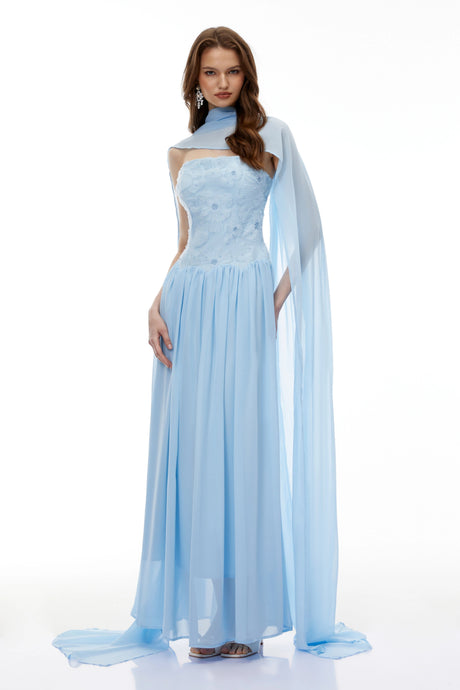 Adelaide Maxi Dress Blue Floral Embroidered Pleated