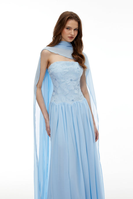 Adelaide Maxi Dress Blue Floral Embroidered Pleated