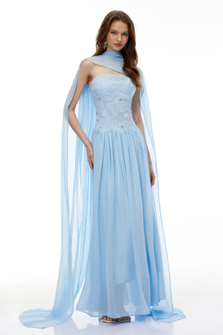 Adelaide Maxi Dress Blue Floral Embroidered Pleated