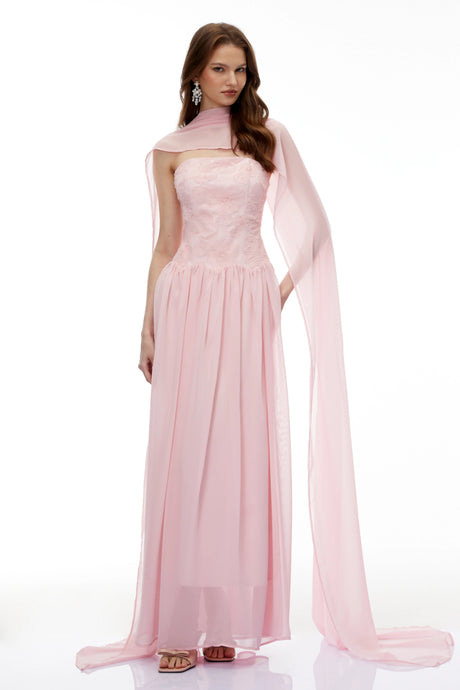 Gabriella Maxi Dress Pink Floral Embroidered Pleated