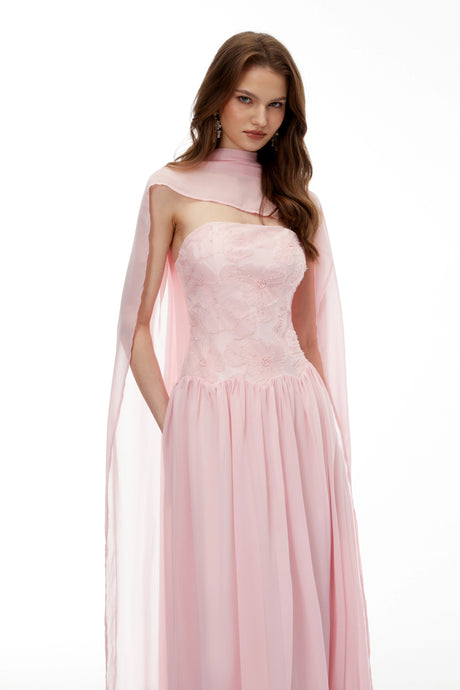 Gabriella Maxi Dress Pink Floral Embroidered Pleated