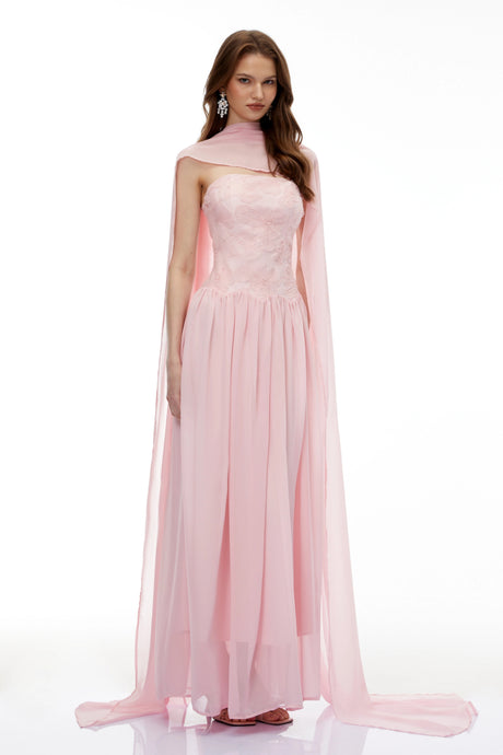 Gabriella Maxi Dress Pink Floral Embroidered Pleated