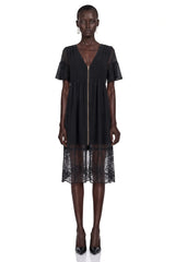 Domenica Black Ruffled Midi Dress with Lace Trim