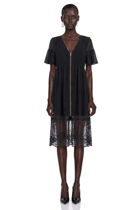 Domenica Black Ruffled Midi Dress with Lace Trim