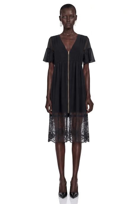 Frances Midi Dress Black Ruffled with Lace Trim