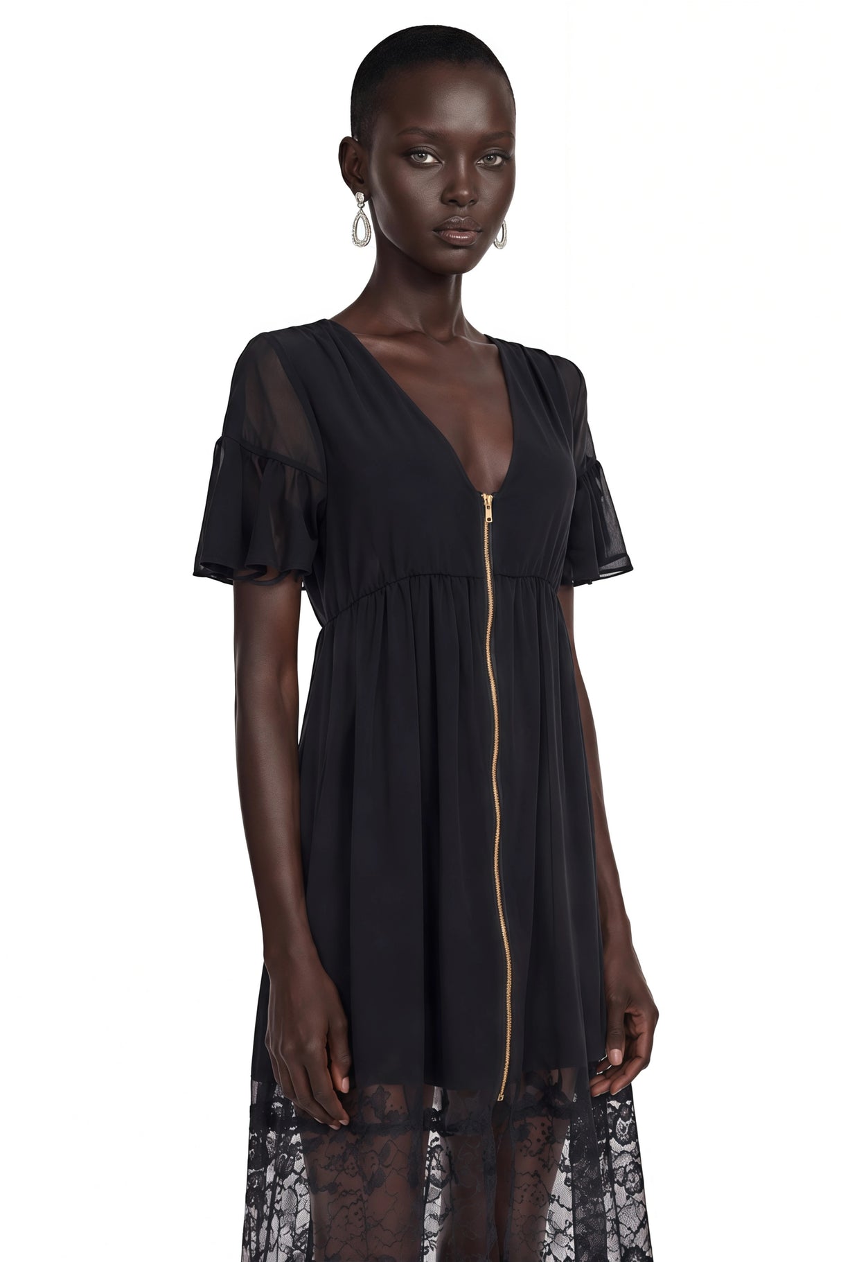 Domenica Black Ruffled Midi Dress with Lace Trim