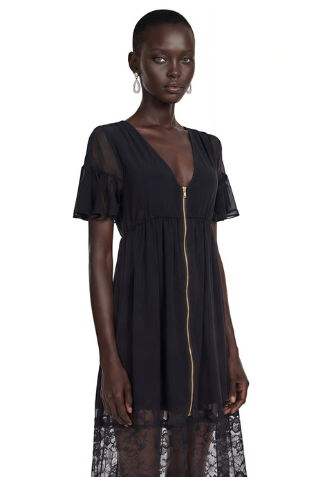 Frances Midi Dress Black Ruffled with Lace Trim