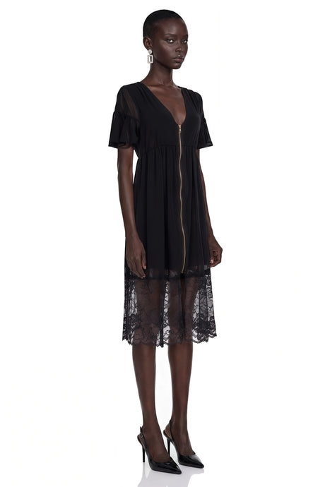 Frances Midi Dress Black Ruffled with Lace Trim