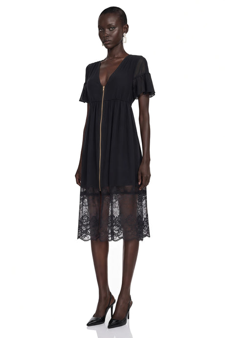 Frances Midi Dress Black Ruffled with Lace Trim