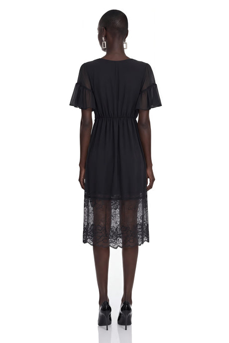 Frances Midi Dress Black Ruffled with Lace Trim