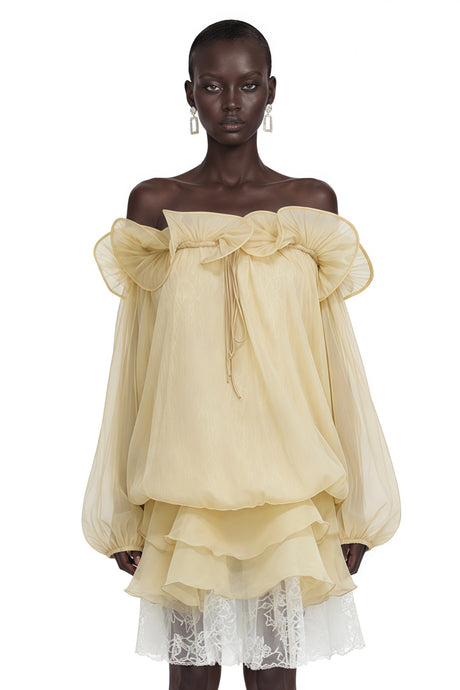 Avery Mini Dress Pale Yellow Ruffled with 3D Florals