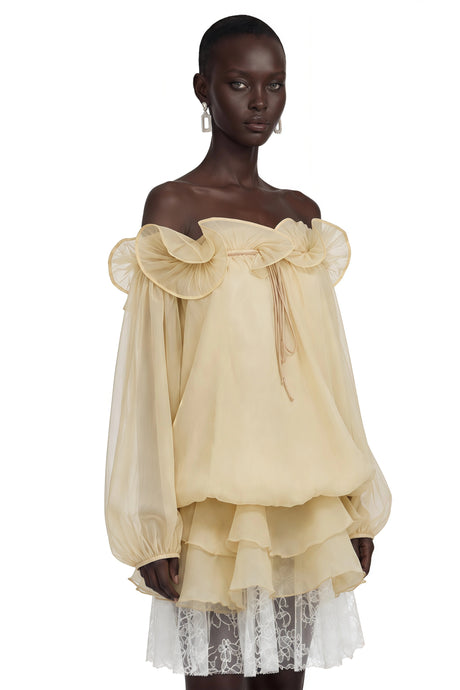 Avery Mini Dress Pale Yellow Ruffled with 3D Florals