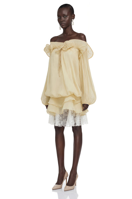 Avery Mini Dress Pale Yellow Ruffled with 3D Florals