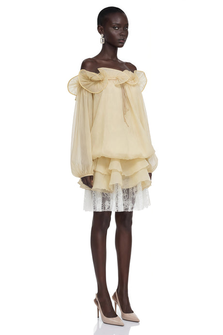 Avery Mini Dress Pale Yellow Ruffled with 3D Florals