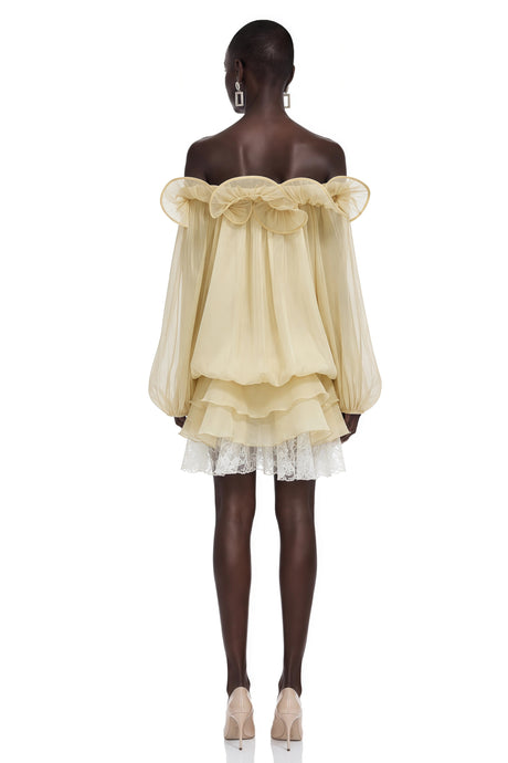 Avery Mini Dress Pale Yellow Ruffled with 3D Florals