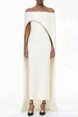 Dominique White Asymmetrical Cape Maxi Dress