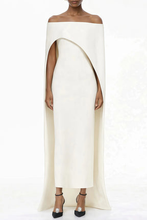 Dominique White Asymmetrical Cape Maxi Dress