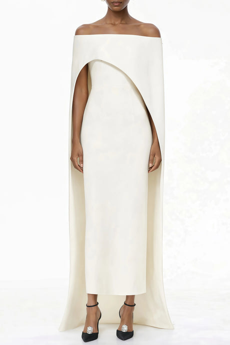 Lia Maxi Dress White Asymmetrical Cape
