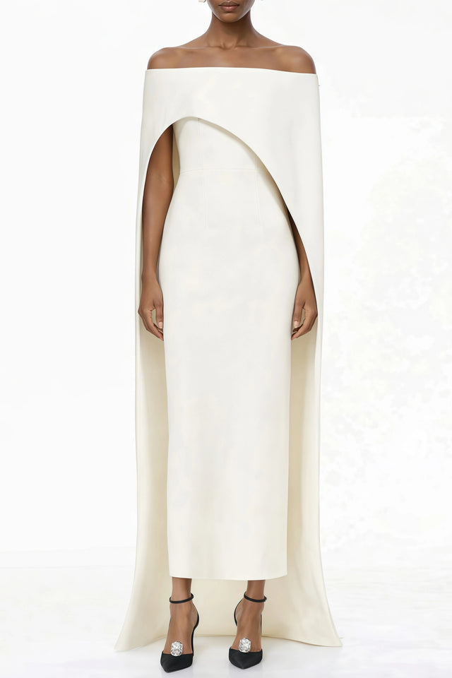 Dominique White Asymmetrical Cape Maxi Dress