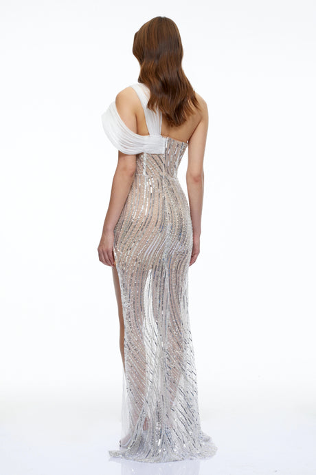 Margaret Maxi Dress Silver Rhinestone with Slit