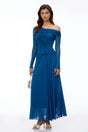 Donatella Teal Blue Off Shoulder Long Sleeves Maxi Dress