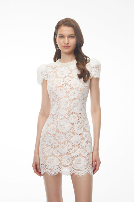 Giannina Mini Dress White Puff Sleeve Floral Lace