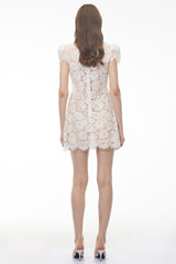 Donatella White Puff Sleeve Floral Lace Mini Dress